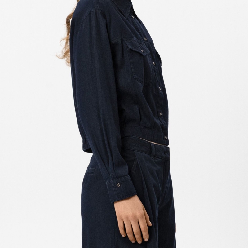 Denim-Bluse in Blouson-Optik & Wideleg-Denim