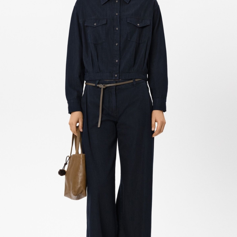 Denim-Bluse in Blouson-Optik & Wideleg-Denim