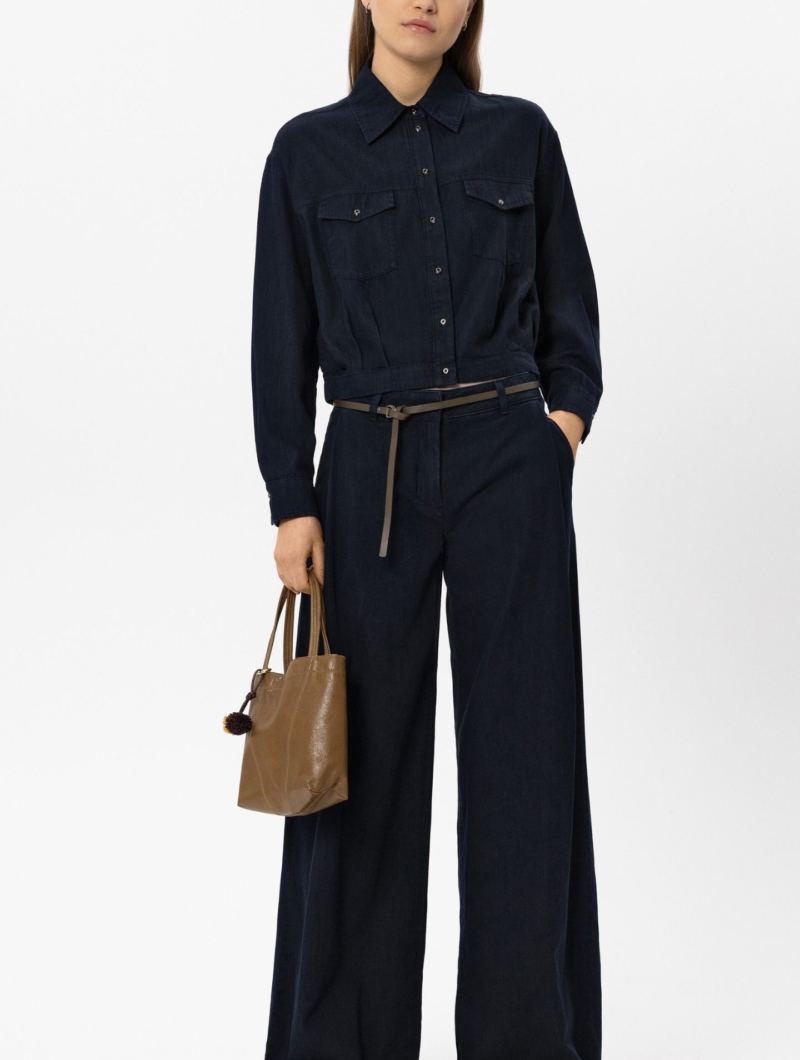 Denim-Bluse in Blouson-Optik & Wideleg-Denim 