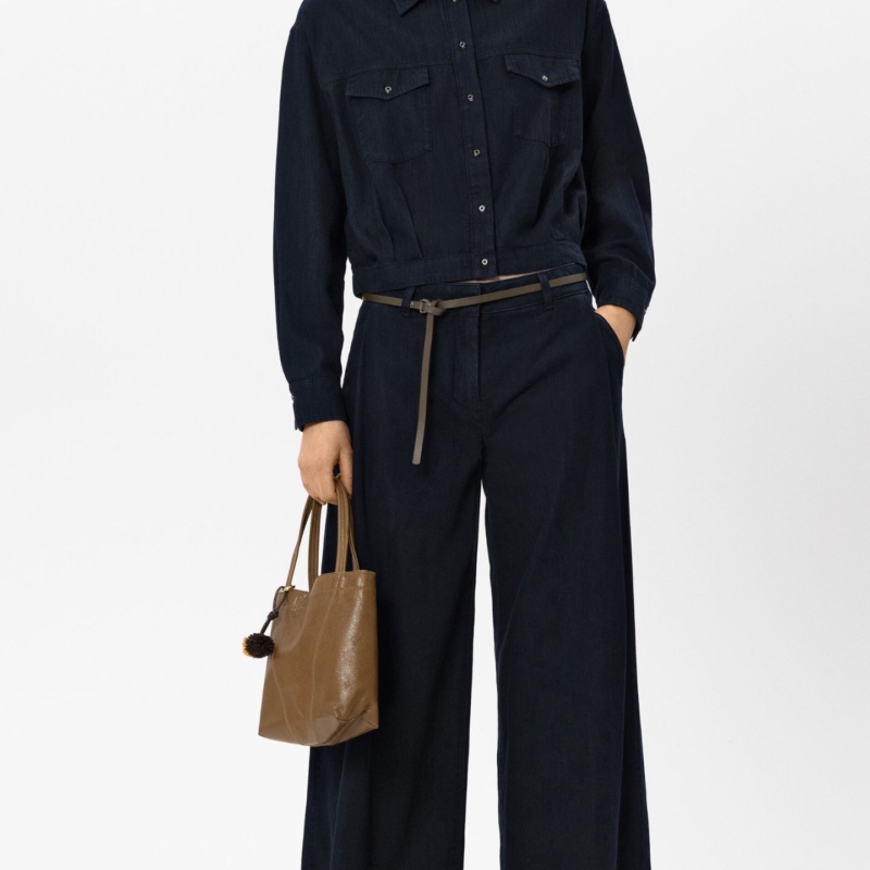 Denim-Bluse in Blouson-Optik & Wideleg-Denim
