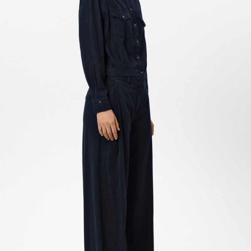Denim-Bluse in Blouson-Optik & Wideleg-Denim