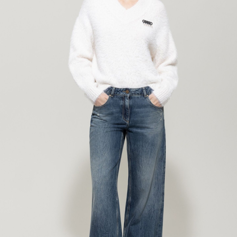V-Neck-Pullover in Fell-Optik