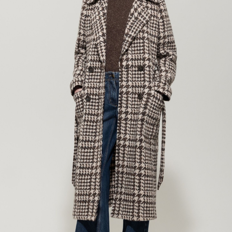 Glencheck-Mantel mit Gürtel